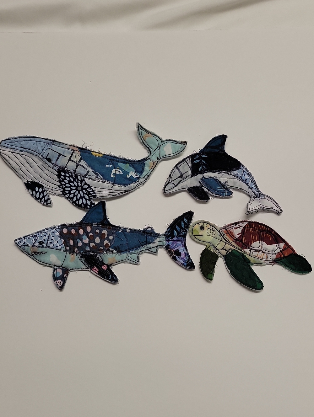 Handmade Sea Creature Patches Set of 4 Scrap Fabric Whale Shark Dolphin Turtle